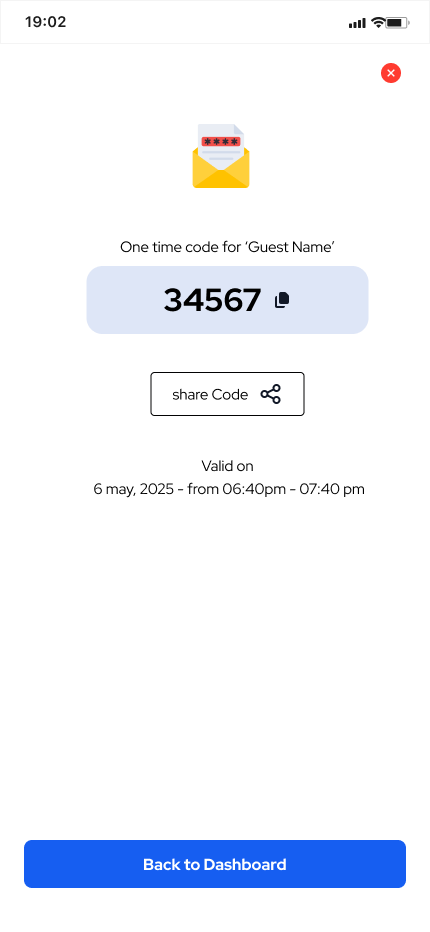 Confirmation screen showing a one-time access code for the guest, a share button and the date and time it's valid.