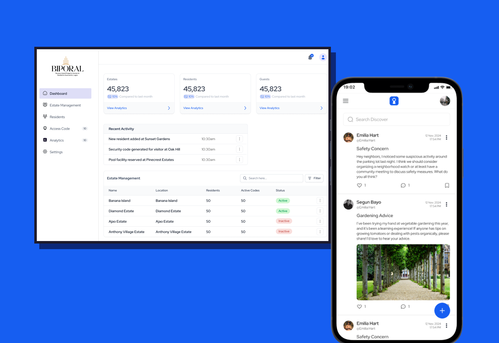 The Accessly admin dashboard showing estates, residents and guests, next to the resident mobile app's community feed.