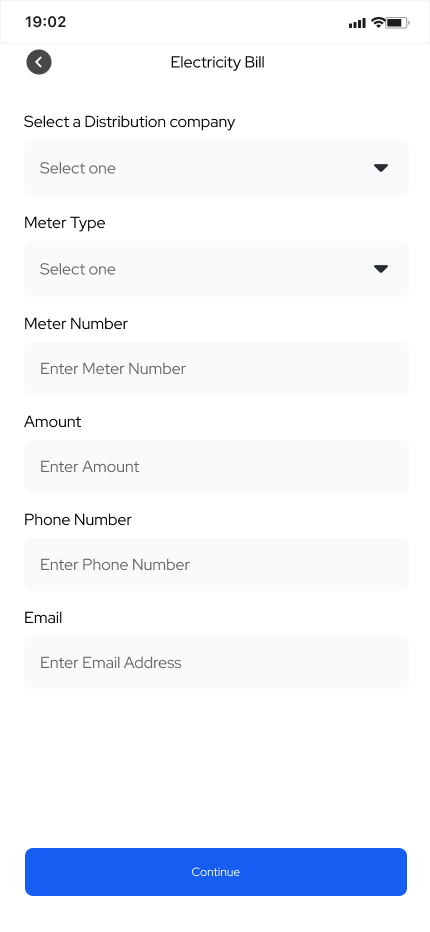 Electricity bill form: distribution company, meter type, meter number, amount, phone number and email, then Continue.