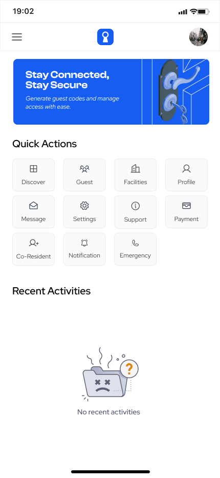 Resident home screen with quick actions for discover, guests, facilities, profile, messages, settings, support, payment, co-residents, notifications and emergency.