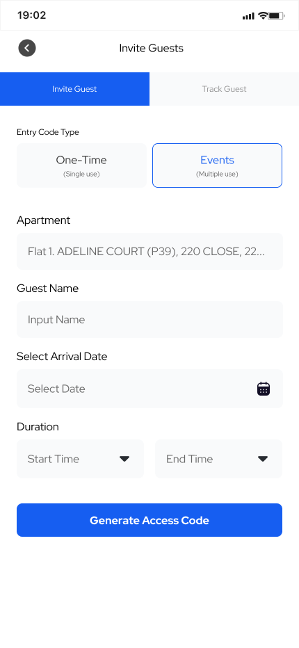 Invite Guests screen: choose a one-time or event code, apartment, guest name, arrival date and time window, then Generate Access Code.