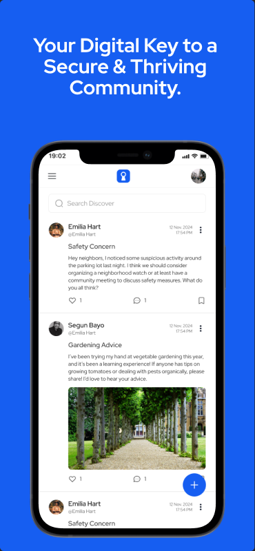 An Accessly App Store screenshot: the resident app's community feed on a phone, under the headline 'Your digital key to a secure and thriving community'.