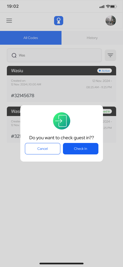 A confirmation dialog in the security app asking whether to check the guest in, with Cancel and Check In buttons.
