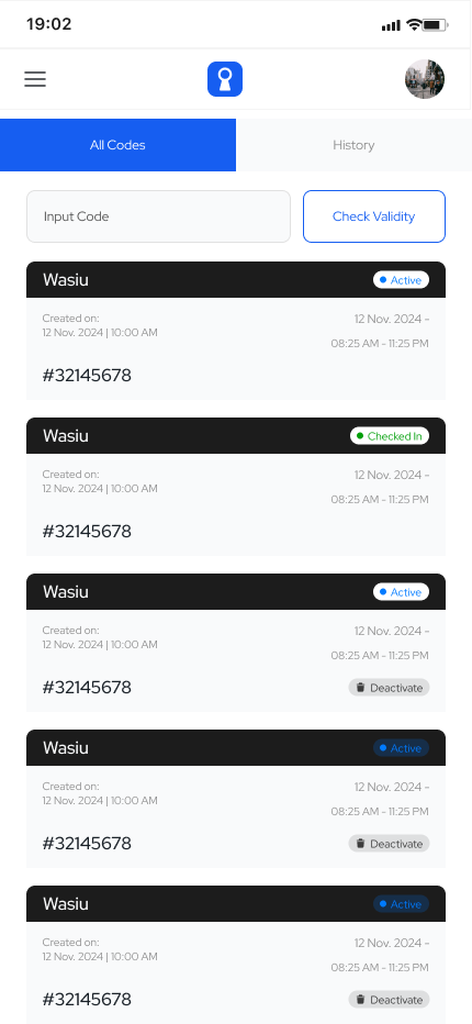 Security app listing guest codes with their status, plus a field to type in a code and check its validity.