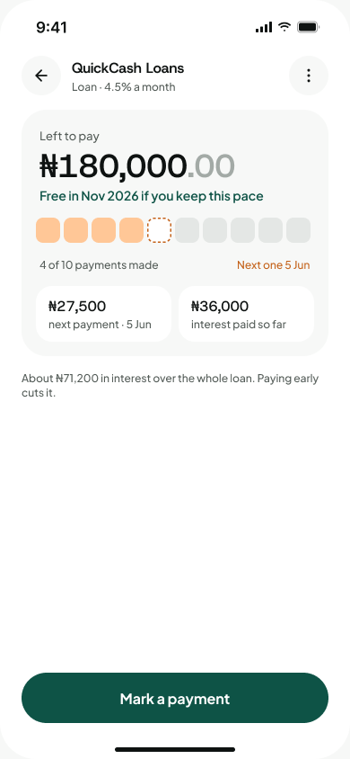 QuickCash Loans detail: ₦180,000 left to pay, 4 of 10 payments made, next payment ₦27,500 on 5 June.
