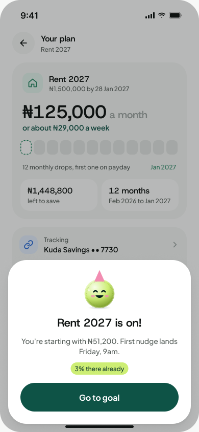 Celebration sheet with the party mascot: 'Rent 2027 is on!', starting with ₦51,200, 3% there already.